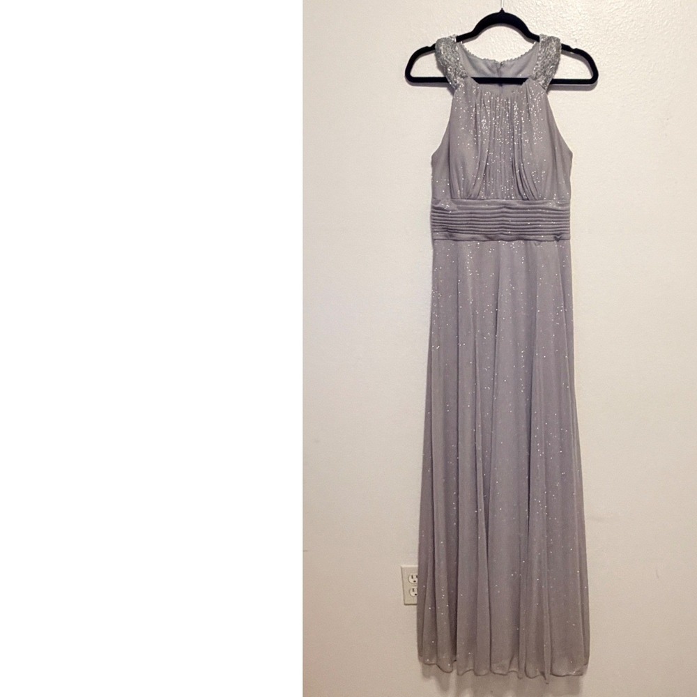 Cachet Gown Dress Sz 10 Silver Gray Beaded Halter Neck Glitter Formal 55153D